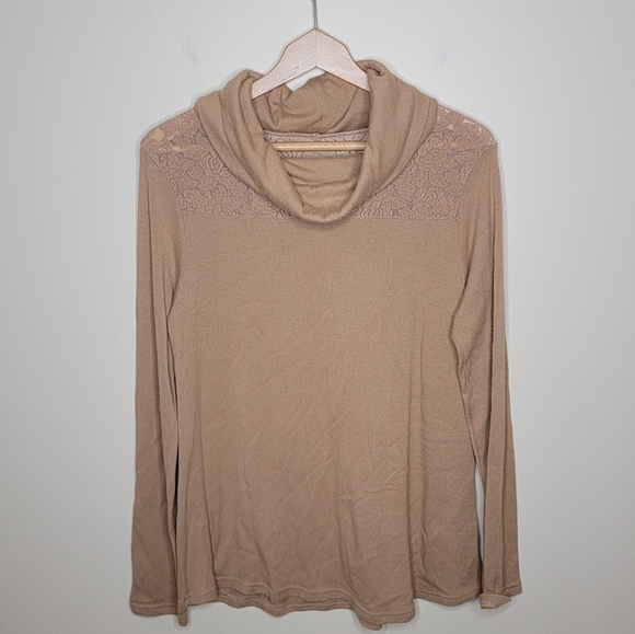 Kori | Tan Cowl Neck Sweater with Lace Upper Size Medium - Picture 1 of 4